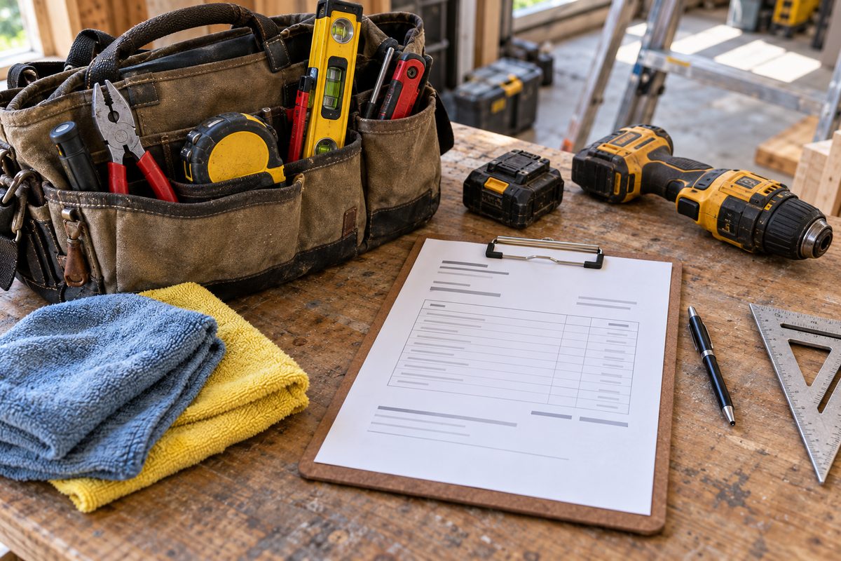 Handyman tool kit, written estimate clipboard, and cleaning supplies prepared for residential dispatch.