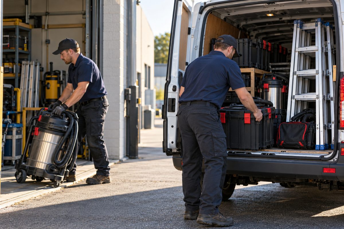 Ancar service team preparing equipment and vehicles at the Dumont operations base.