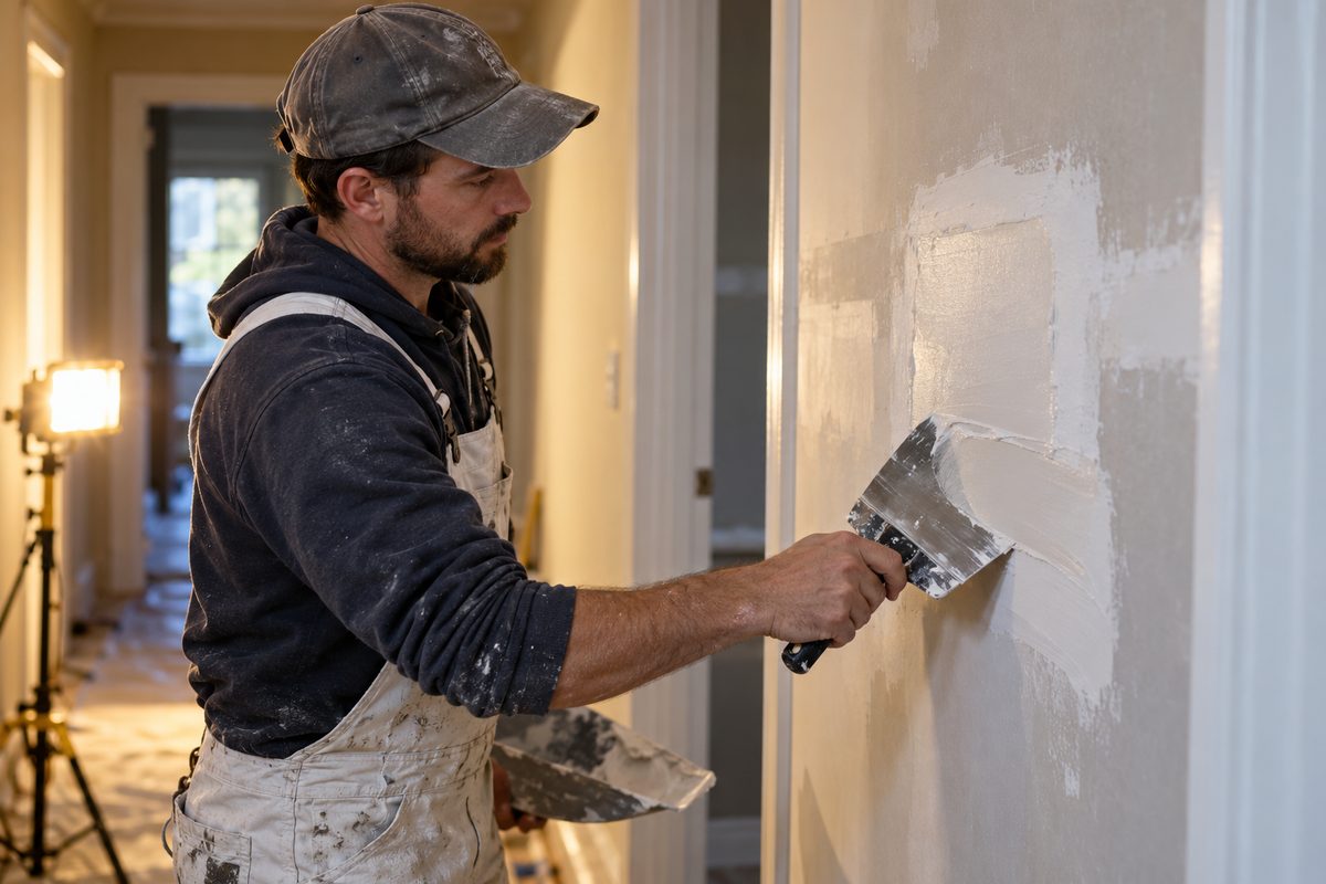 Handyman feathering joint compound over a residential wall repair patch with a taping knife.