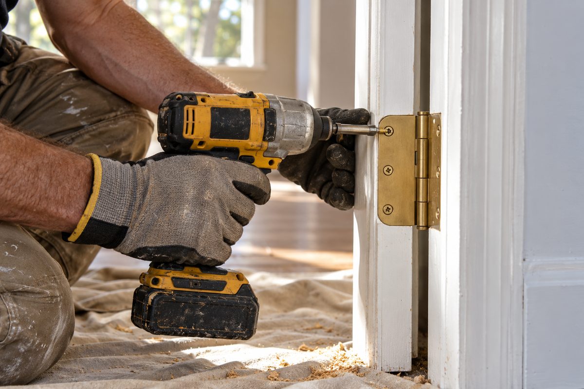 Technician using a cordless driver to install door hardware during an interior handyman repair.