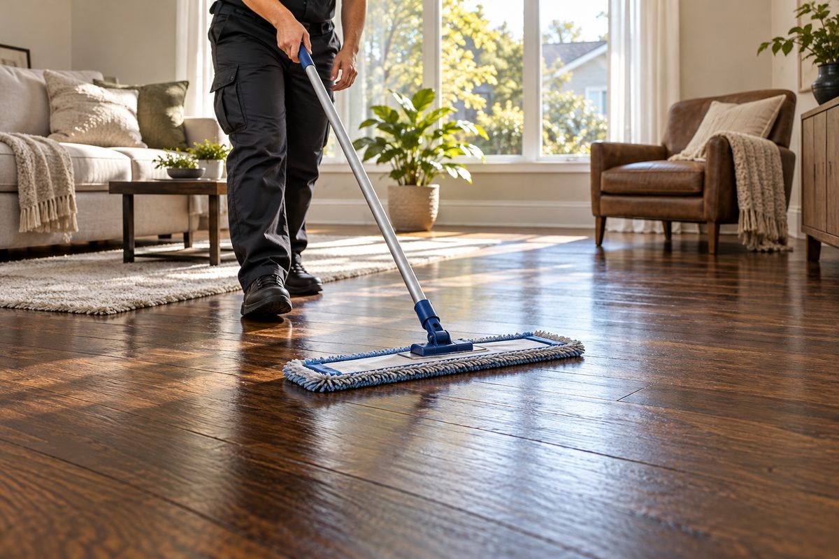 Housekeeping technician mopping polished oak hardwood floors in a suburban home.