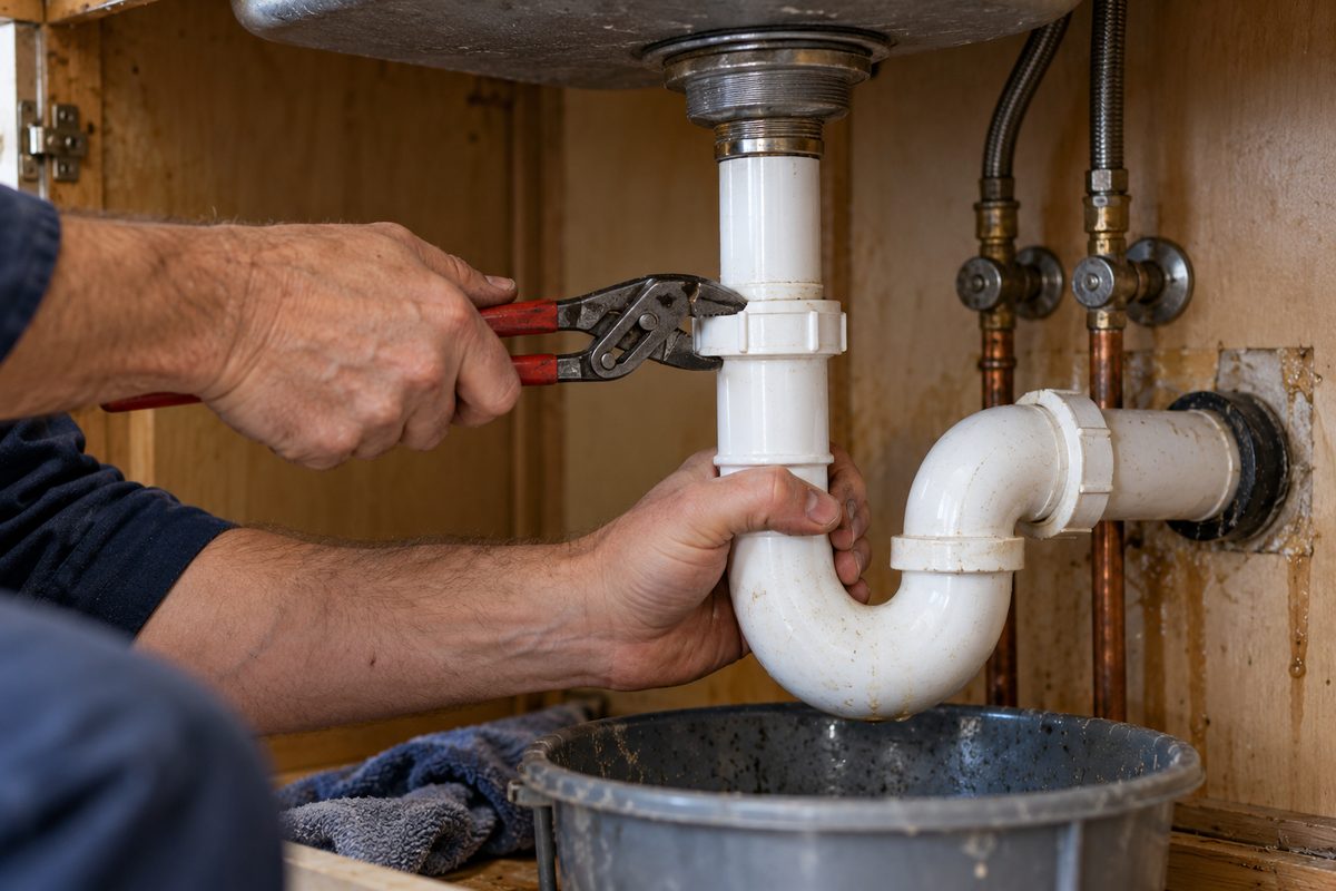 Handyman replacing a PVC P-trap drain assembly beneath a kitchen sink.