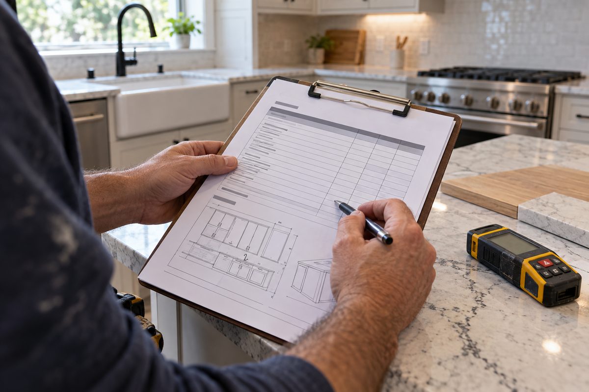 Technician completing an itemized written estimate on a clipboard inside a Bergen County home.